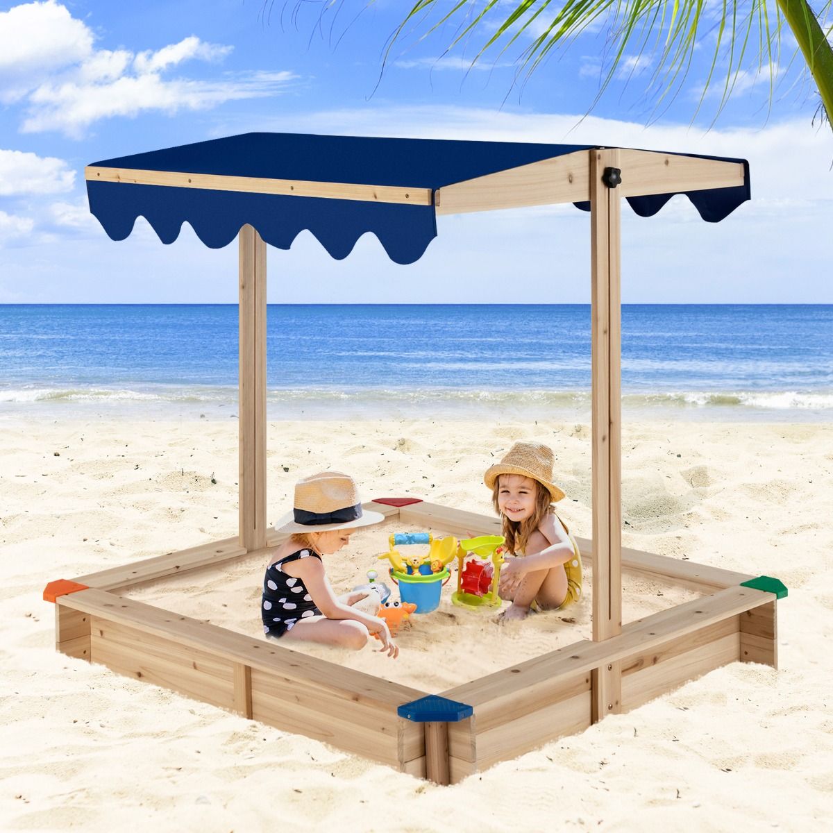 Coast Houten zandbak met verstelbare luifel - zonder bodem - zithoek - blauw - 121 x 121 x 120 cm