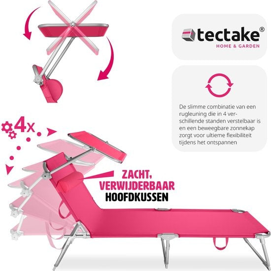 tectake® - ligstoel, robuust, verstelbaar, stalen onderstel met zonnescherm, 4-standen rugleuning inclusief hoofdkussen, strandstoel Ideaal voor tuin, zwembad, camping– pink - 68 x 190 x 28 cm