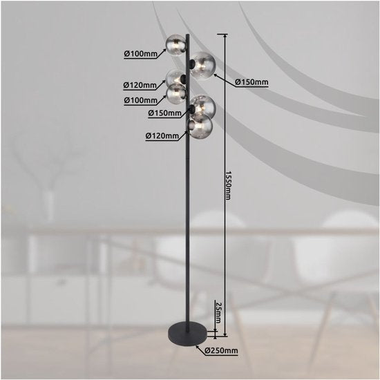 Vloerlamp RIHA Glas 155.0cm Mat zwart | Smoked G9 6-Lichts