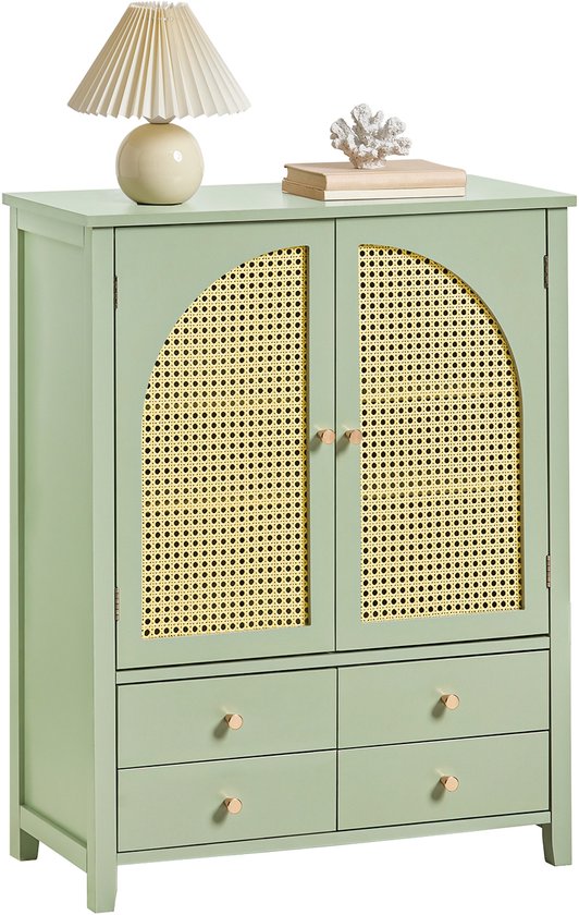SoBuy Schoenenkast – 4 Lades & 2 Deuren met Rattan – 70x34x90 cm – Groen