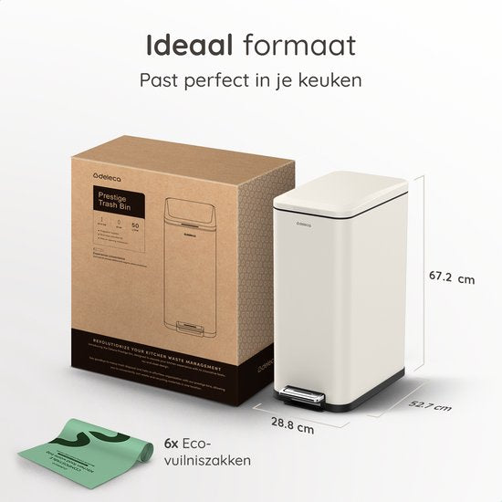 Deleca Prullenbak Prestige - 50 Liter - Smal - RVS Vuilnisbak / Afvalemmer / Pedaalemmer - Met Voetpedaal en Slow Close - Crème wit