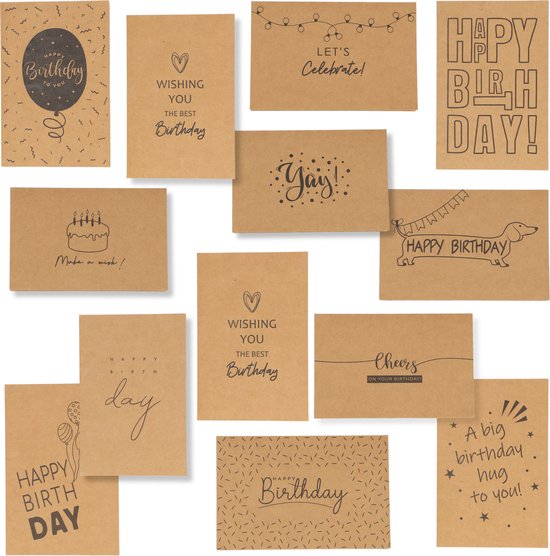 Partizzle 36x Duurzame Verjaardagskaarten met Envelop Set - Ansichtkaarten Versturen - Leuke Kraft Verjaardag Kaarten - Volwassenen - 15x10 cm
