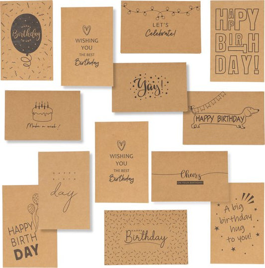 Partizzle 36x Duurzame Verjaardagskaarten met Envelop Set - Ansichtkaarten Versturen - Leuke Kraft Verjaardag Kaarten - Volwassenen - 15x10 cm