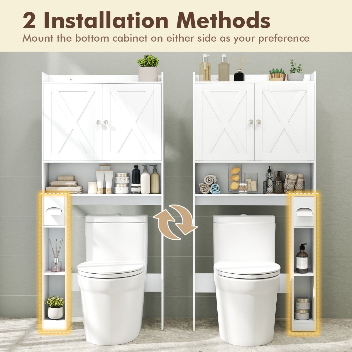 Coast Toiletkast Met Dubbele Deuren - Verstelbare Legplanken - Toiletrolhouder - Gewassen Grijs/Wit - 81,5 x 19,5 x 172 cm