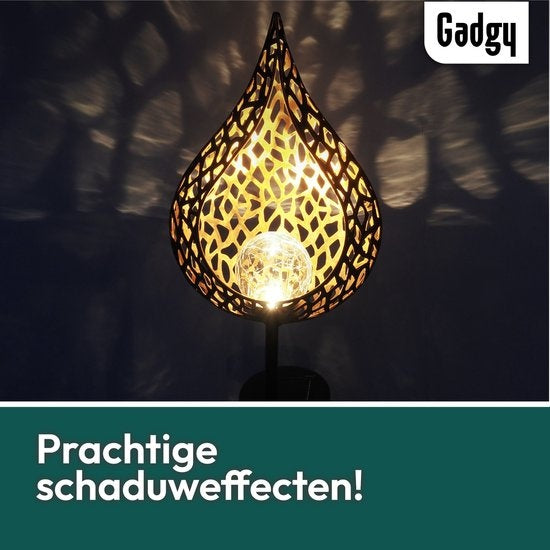 Gadgy Solar Tuinfakkel Druppel met Grondspies - Solar Tuinverlichting Set van 2 st. - Tuinsteker 90CM Hoog - Tuinverlichting op Zonneenergie Buiten - Led Buitenverlichting met Sensor - Tuinlantaarn - Koperkleurig Metaal