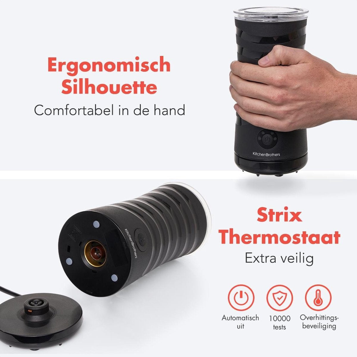 KitchenBrothers Elektrische Melkopschuimer - 4-in-1 - 240 ML - Handige Melkschuimer - Zwart