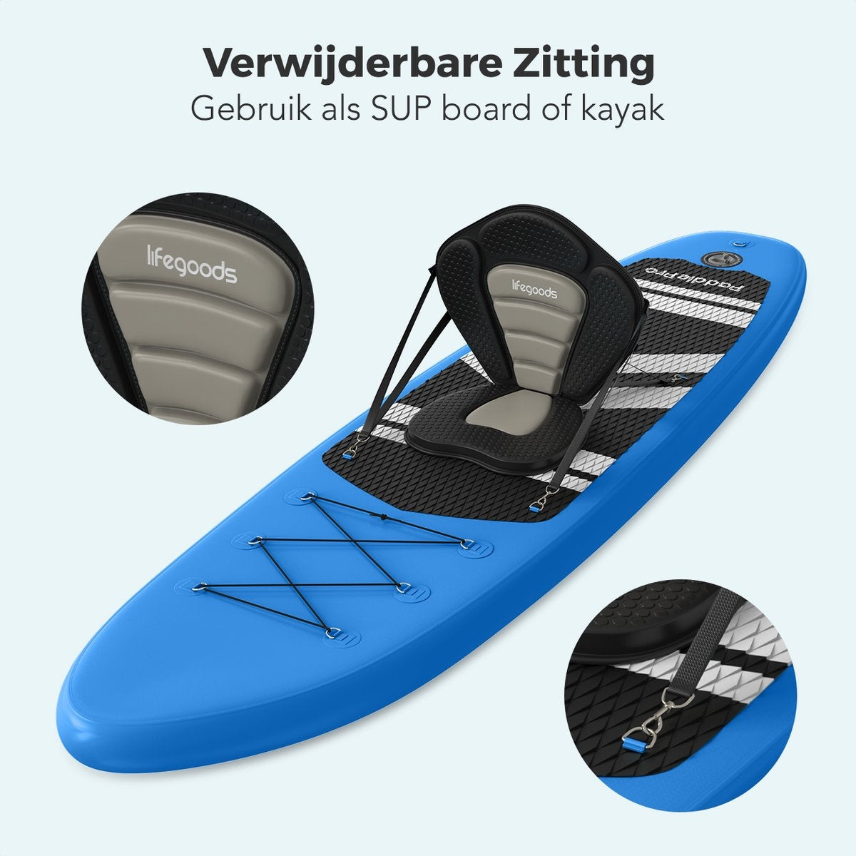 LifeGoods SUP Board - met Zitje - Opblaasbaar Paddle Board - Complete Set - Max. 135KG - 320x81cm - Blauw