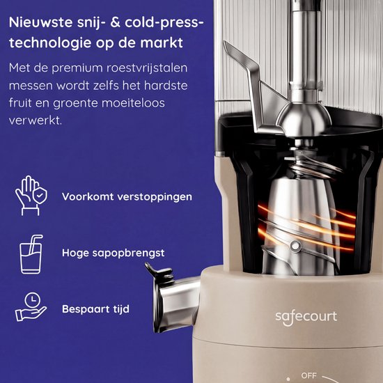 Safecourt Kitchen Slow Juicer XXL - krachtige motor [Pre-cutter & Cold-press technologie] - eenvoudige reiniging - BPA-vrij - sapcentrifuge Beige