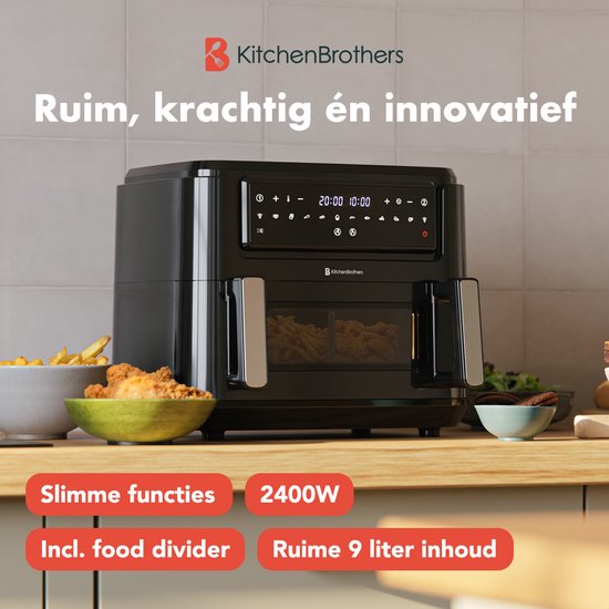 KitchenBrothers Airfryer XXL Dual Zone - 9L - 2400W - Heteluchtfriteuse - Snackverdeler - 50ºC tot 200ºC - 10 Kookprogramma's - Zwart