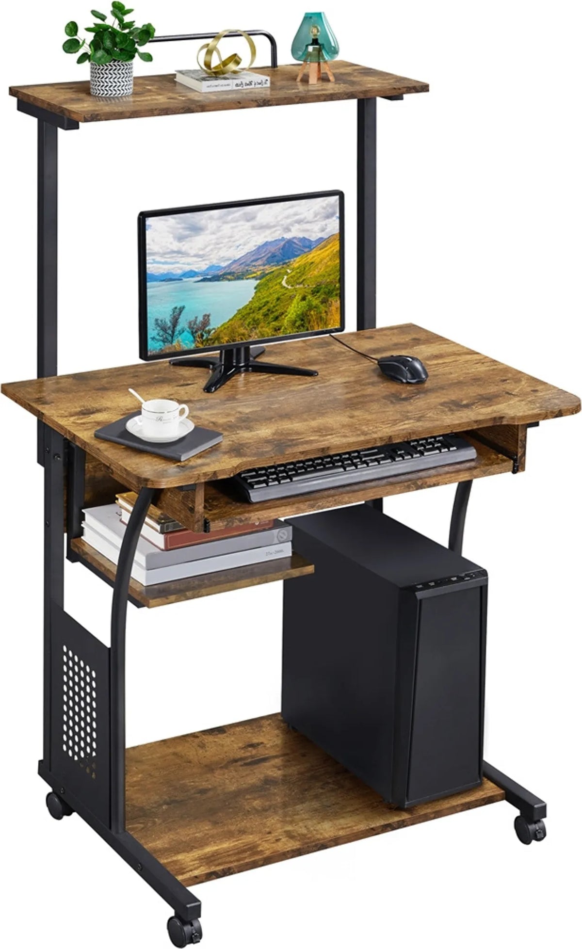 Yaheetech Computerbureau met opbergplanken en wielen - 80,5 x 60 x 132 cm - Rustiek bruin