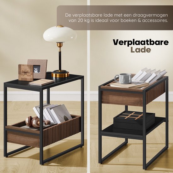 O'DADDY® Bijzettafel - Vierkant Tafeltje - Met Verstelbare Lade - Bijzet Tafel - Koffietafel - Nachtkastje - 55x35x55 cm - Zwart Metaal/Bruin Hout