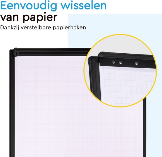 BRASQ Flipover Verrijdbaar - 70x100 cm - Verstelbaar Whiteboard - Inclusief 25 vellen papier, 4 Stiften, 8 Magneten, Wisser - Flipover met Papierklem en Haken - Magnetisch bord - Magneetbord - Zwart