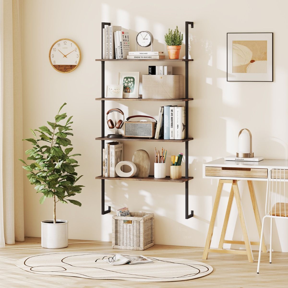 Coast Wandrek met 4 Planken - Zwevend Opbergrek - Metalen Frame - Rustiek bruin en zwart - 76 x 30 x 163 cm