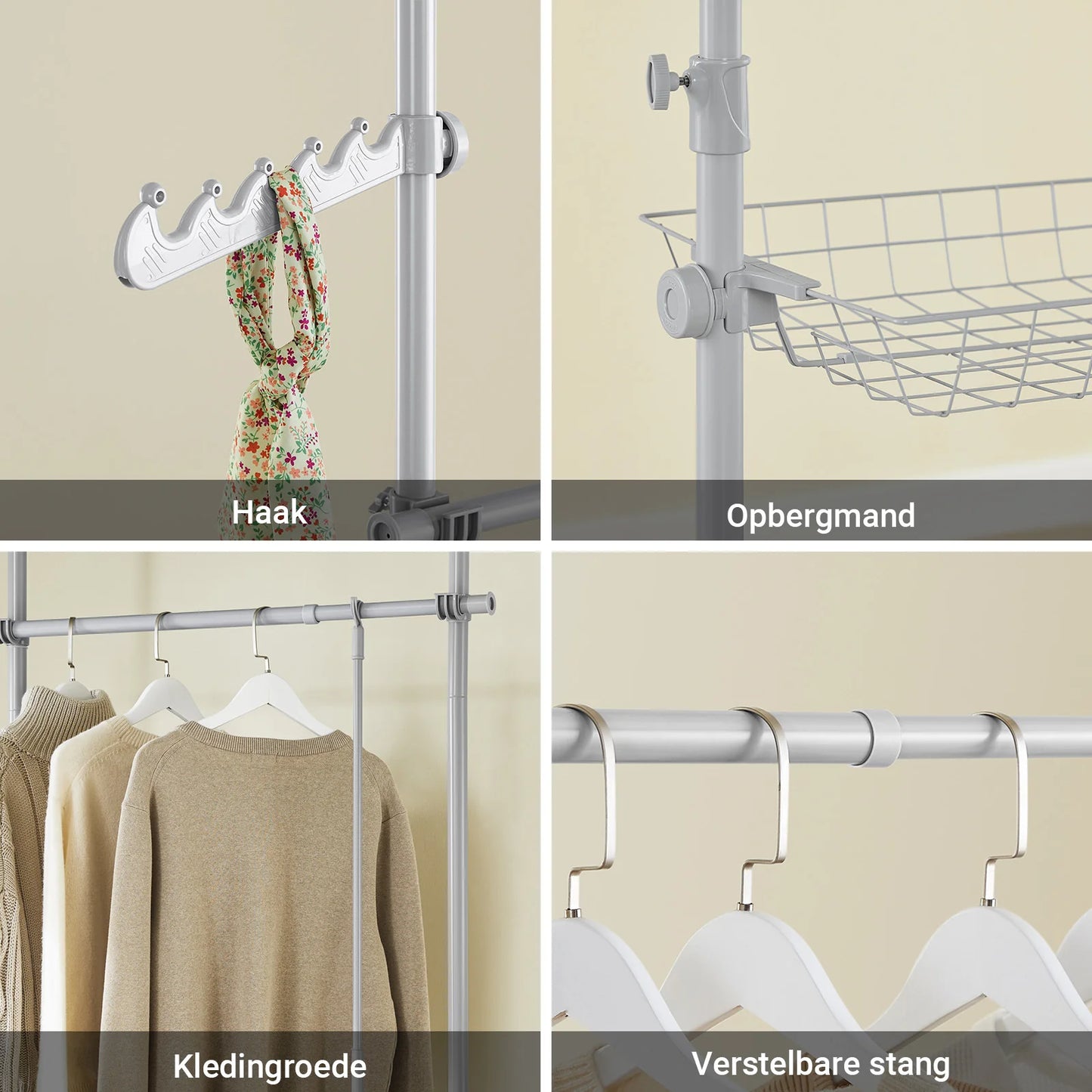 SoBuy KLS04-II-HG Telescoopstang Kledingrek met 5 Kledingstangen en 2 Manden