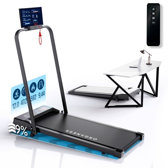 Organess Loopband 1-12km/u – Walking Pad – Loopband Inklapbaar – Wandelband – Met Hellingfunctie – Incl. Tablethouder, Afstandsbediening en App
