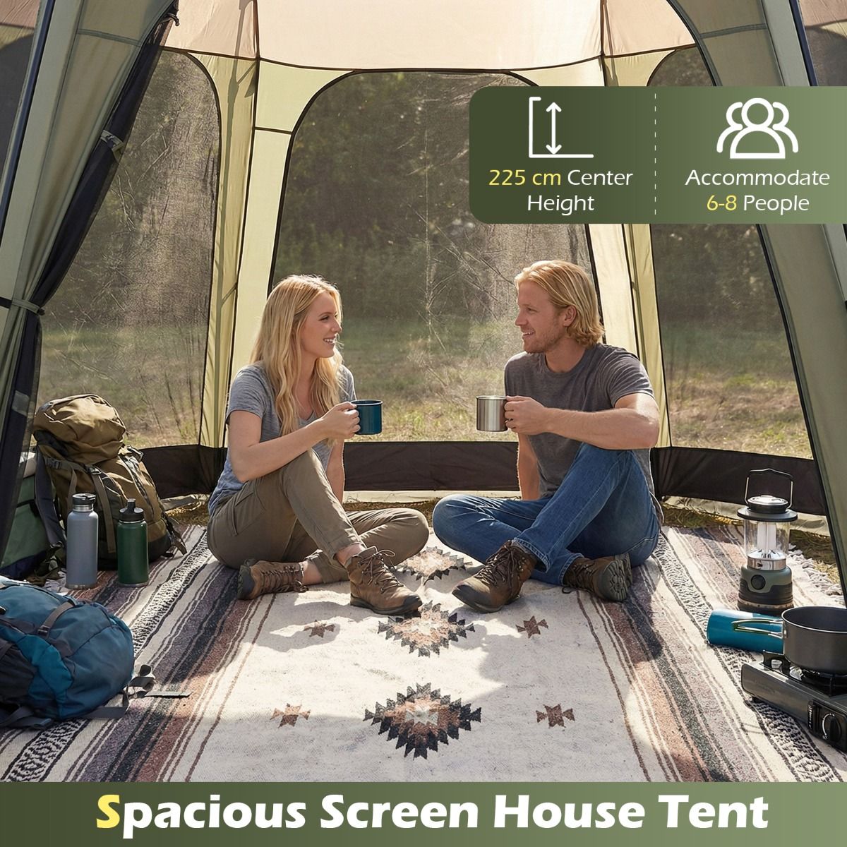 Coast Campingtent met Muskietennet - Opvouwbare Tuintent voor 6 tot 8 Personen - 380 x 355 x 225 cm - Groen/Zwart
