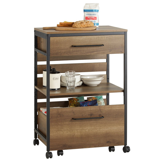 SoBuy Keukenwagen met 1 plank en 2 lades - Max. 63KG - 60 x 45 x 90 cm - Houtkleur