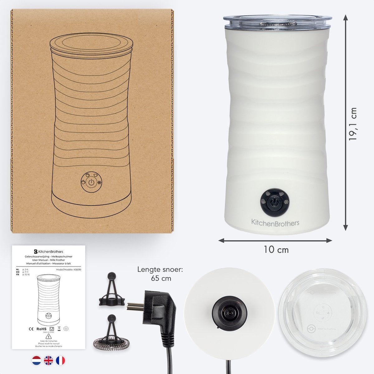 KitchenBrothers - Elektrische Melkopschuimer & Warmhoudfunctie - 240 ml - Wit RVS - 4-in-1 Functie - Modern Keukendesign - Inclusief Garde en Anti-aanbaklaag