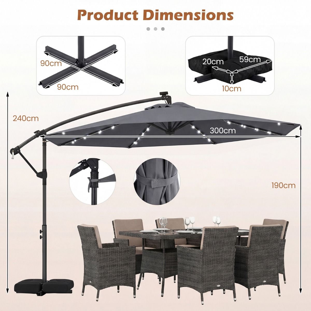 Coast tuinparasol op zonne-energie - LED-verlichting - 360° draaibaar - grijs