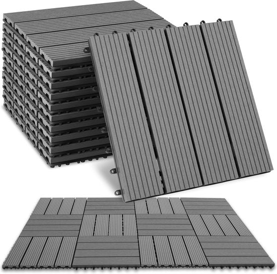 tectake® WPC houten tegels - Houtlook tegels - Weerbestendig - Vloerbedekking voor buiten - Vloertegels - Balkonvloer - Terrastegels met kliksysteem - Afvoer - Set van 11 - Grijs