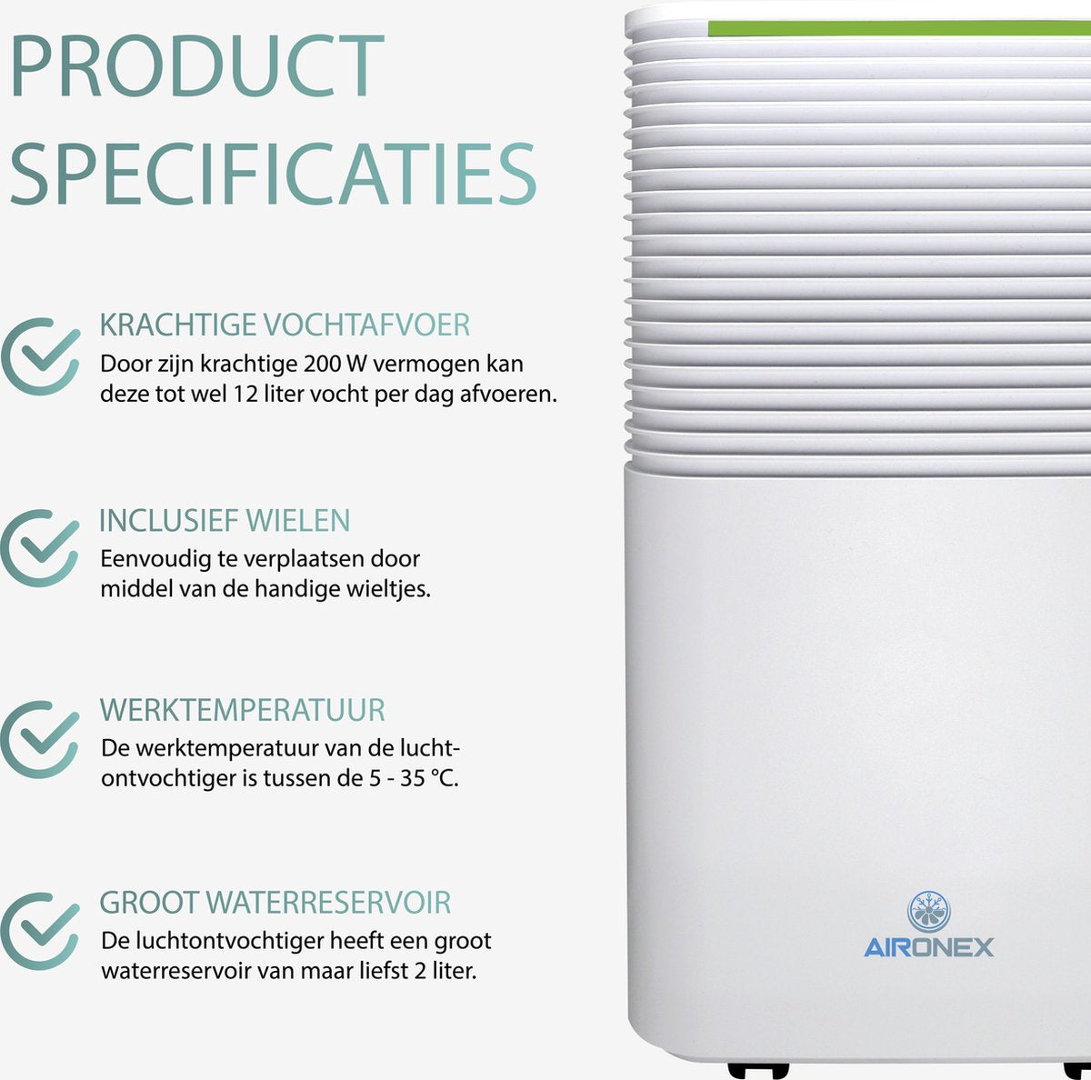 Aironex L012 Luchtontvochtiger - 2L Reservoir - Extreem Stil - 25 x 45 x 22 cm - Wit