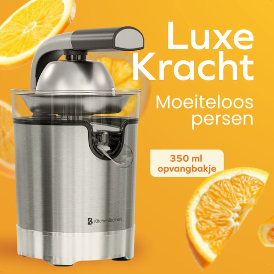 KitchenBrothers Citruspers - Elektrische Sinaasappelpers en Citroenpers - Met Uitloop en Pershendel - Luxe - 0.35L - RVS