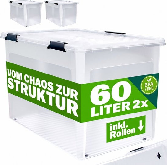 Opbergbox 2x52L – Deksel – Stapelbaar - Wielen