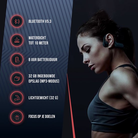 Tech Essentials Hydro X10 - Sport Oordopjes - Draadloos - Open Oor - IPX8 - 32GB - Bone Conduction Hoofdtelefoon - Koptelefoon - Hardlopen - Bluetooth