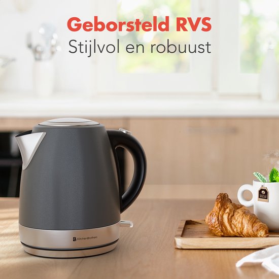 KitchenBrothers Waterkoker - Elektrisch - 1 Liter - Klein Camping Formaat - Reiswaterkoker met Kalkfilter - Titanium Grijs/RVS