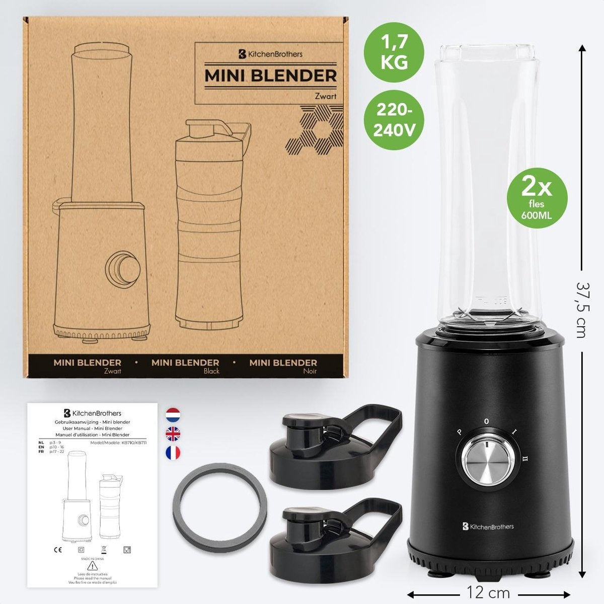 KitchenBrothers Mini Blender - Smoothie Maker - 2 To-Go Bekers - 350W - Zwart