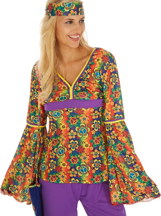 Dressforfun Vrouwenkostuum Hippie XL - verkleedkleding kostuum halloween verkleden feestkleding carnavalskleding carnaval feestkledij partykleding - 300945