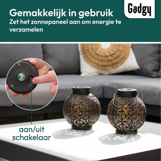 Gadgy Solar Lantaarn Rond - Tafellamp Set van 2 - Solar Tuinverlichting op Zonneenergie - Led Buitenverlichting met dag/nacht Sensor - Hanglamp - Tuinlantaarn Metaal - 15.5xØ13.5CM - Zwart