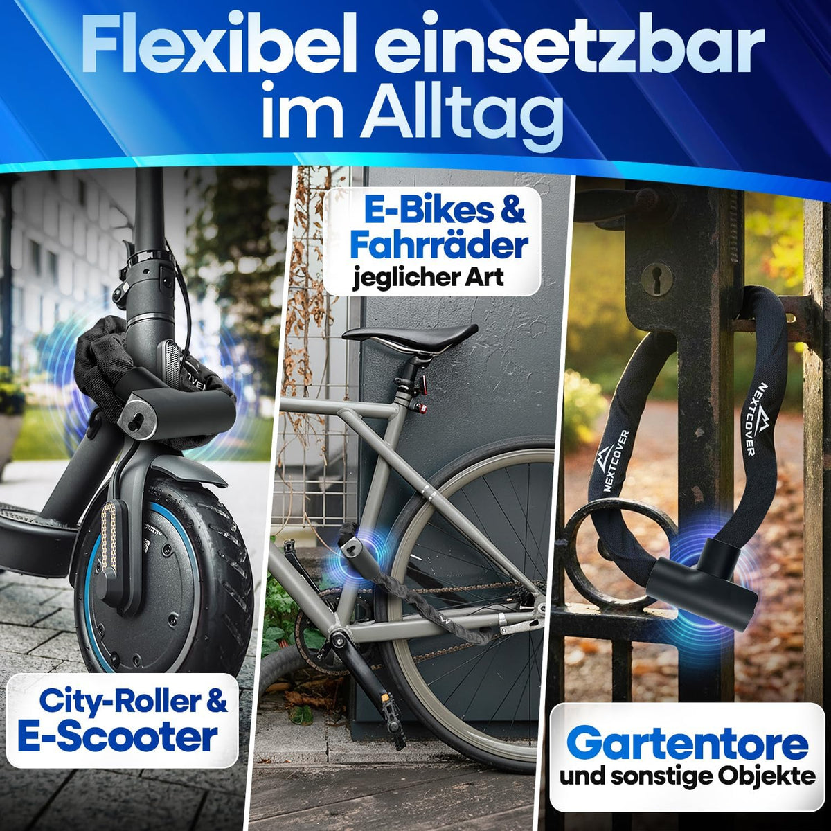 NEXTCOVER® Fietsslot LockOne met sleutel I - [VEILIG] Fietsslot hoge veiligheid I robuust & duurzaam kettingslot fiets I Fietsslot, fietsslot 3 sleutels