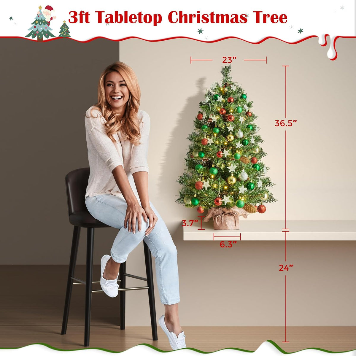 Yaheetech Kunstkerstboom - Set van 2 - 91,5 cm - 50 Warmwitte LED's - Dennenappels - Groen