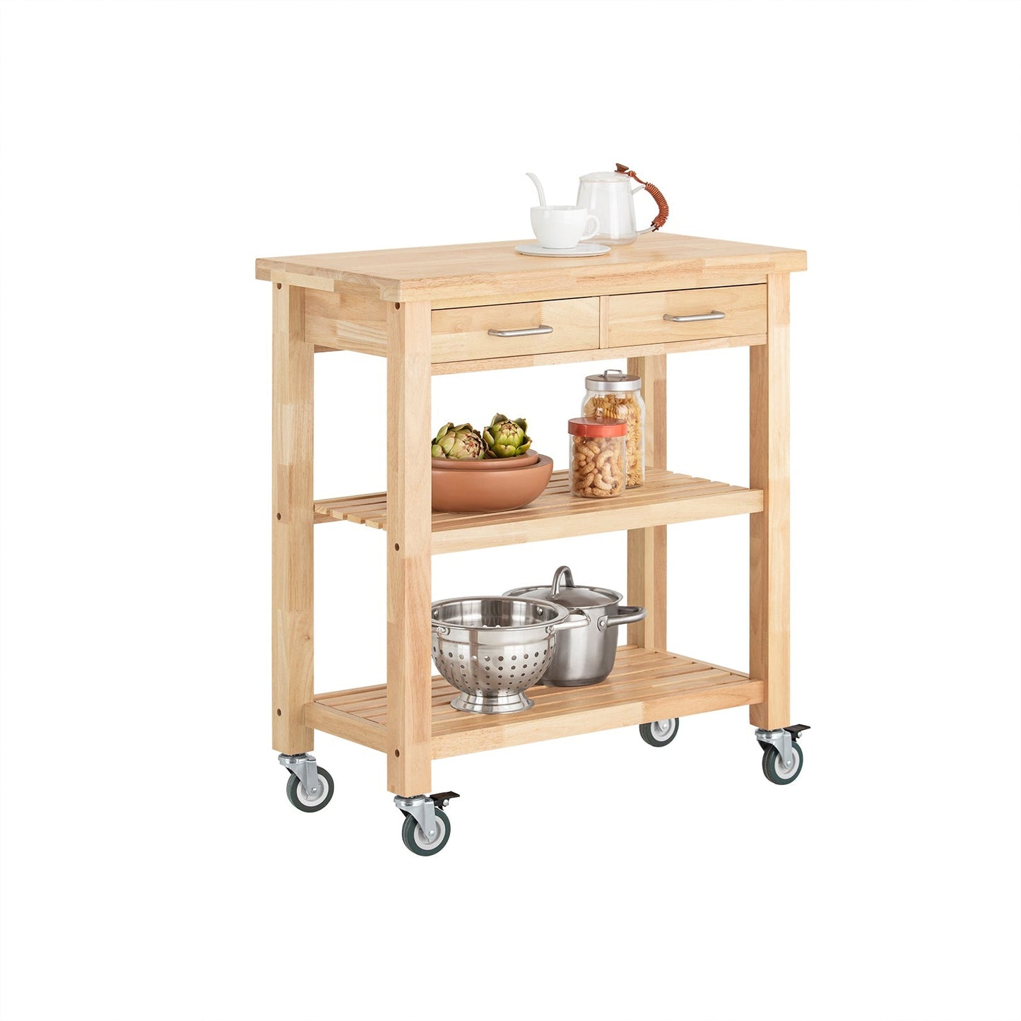 SoBuy Keukenwagen met 2 lades en 2 opbergplanken - 80 x 90 x 40 cm - Houtkleur