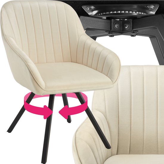 tectake Eetkamerstoel – Draaibaar met Armleuningen & Fluwelen Bekleding – 58 x 58 x 82 cm – Crème