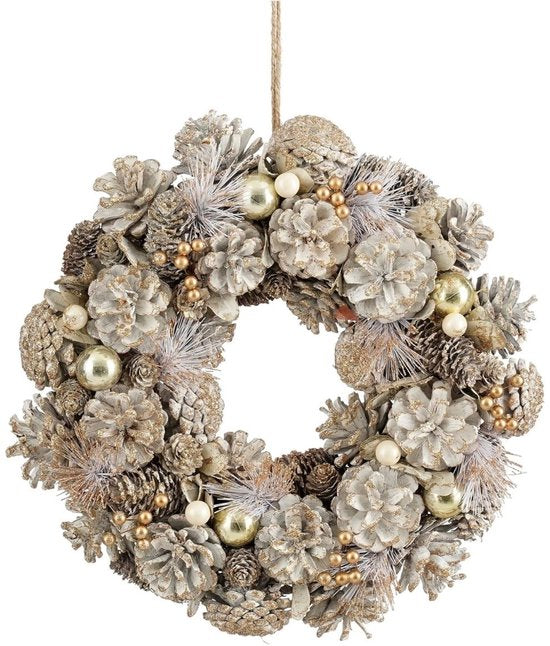 Mica Decorations Kerstkrans Hanley H9 x Ø45 cm - Deurkrans met Dennenappels - Kerst Krans Deur en Tafel - Multifunctionele Kerstversiering - Wit