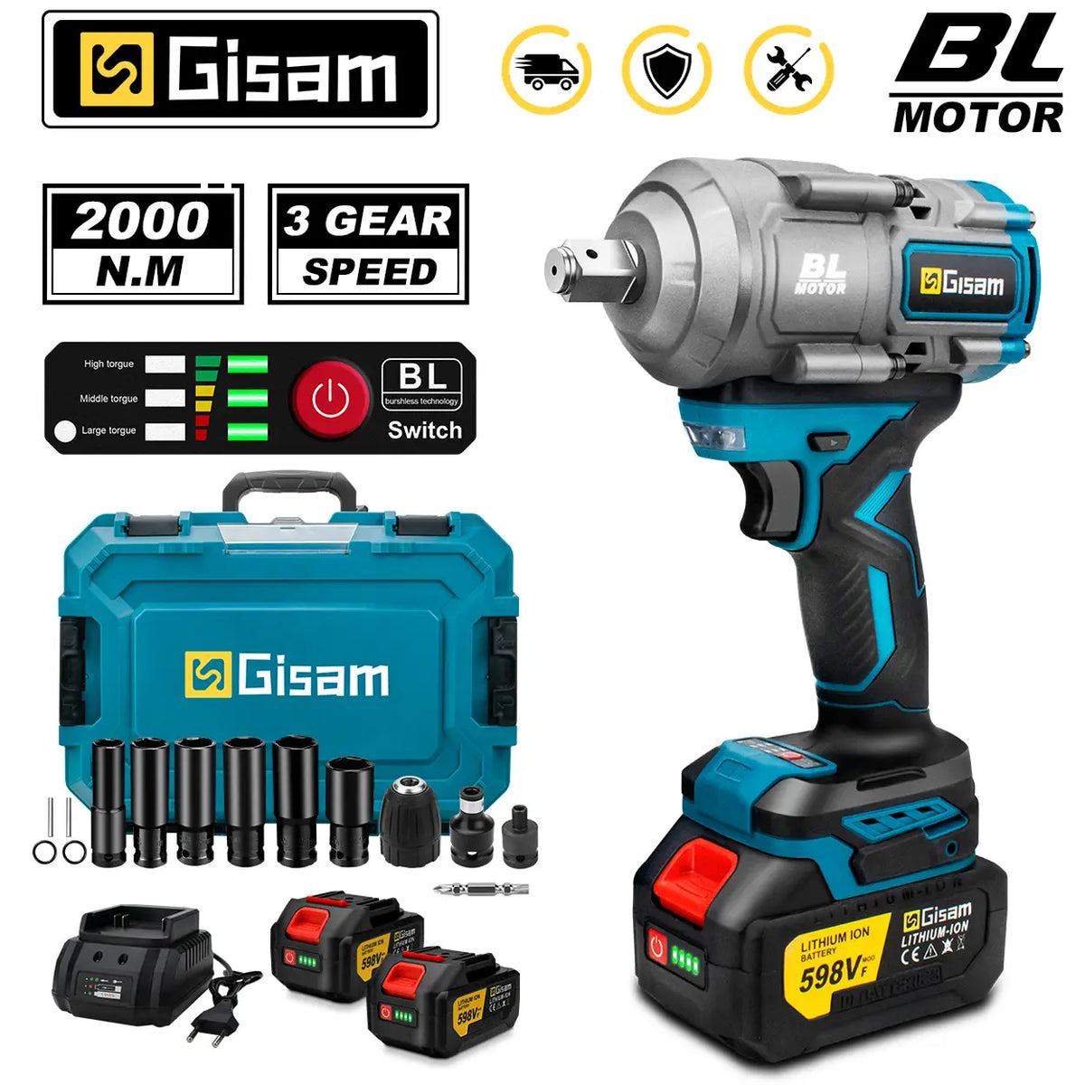 Gisam 2000Nm Slagmoersleutel Brushless Elektrisch - Krachtige Impact Wrench - 2000 Nm
