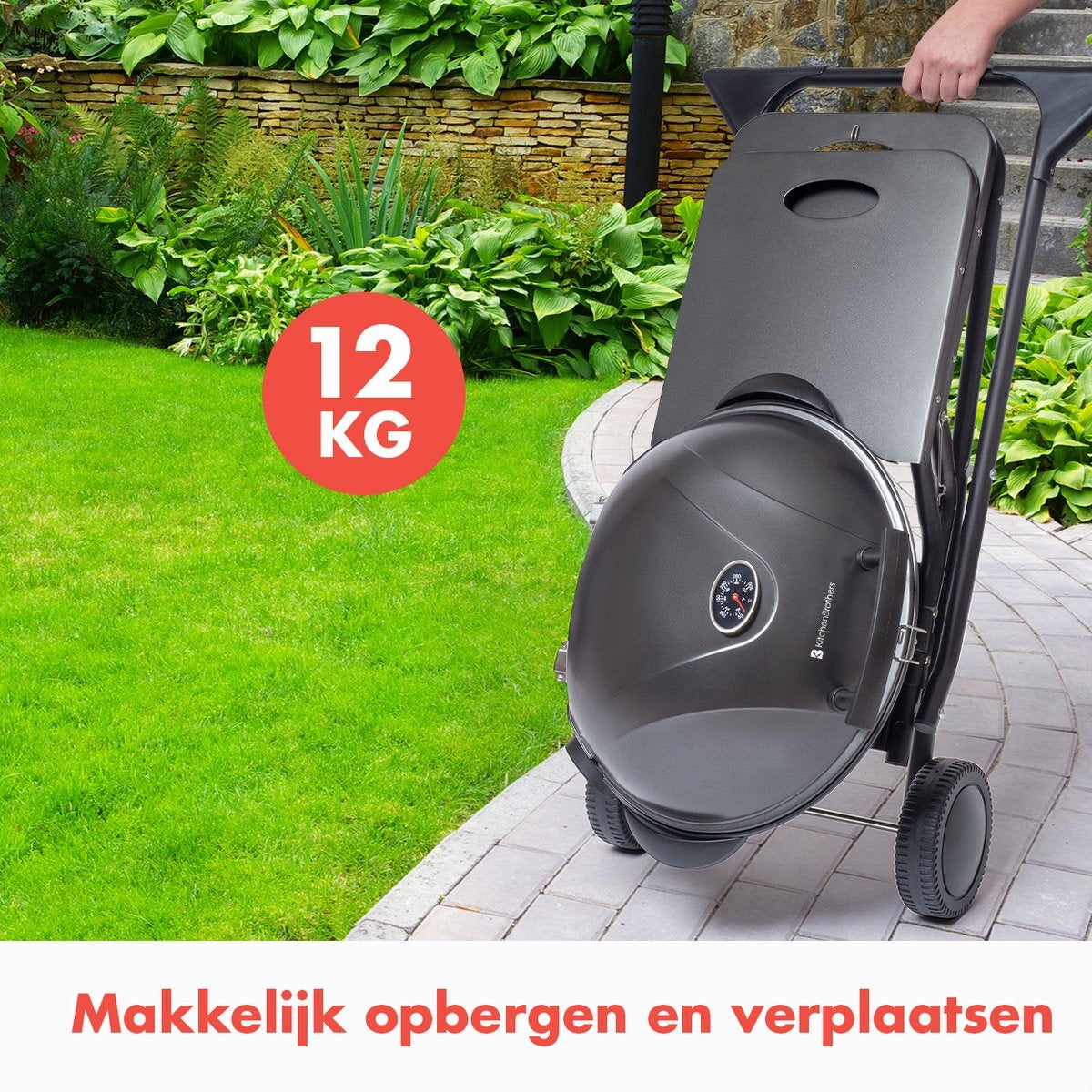 KitchenBrothers Elektrische BBQ - met Wielen - Opvouwbaar - Anti-aanbaklaag - 46,5 x 33,8cm - tot 250°C - 2400W - Zwart