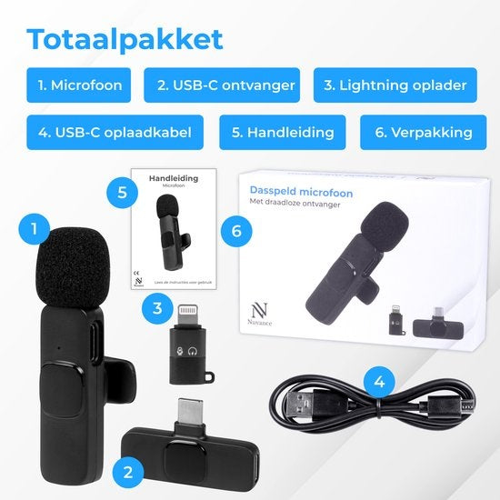Nuvance - Draadloze Microfoon - Dasspeld Microfoon - Geschikt voor Usb-C & Apple Lightning - Lavelier Microfoon - Plug & Play