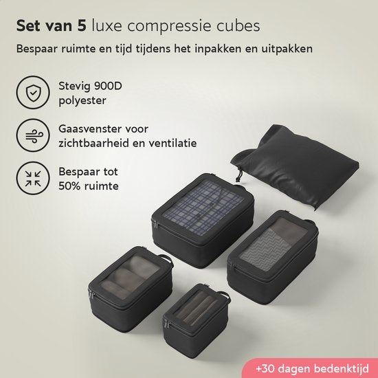 ONYX Compressie Packing Cubes - 5 stuks - Koffer Organizer Set - Compressie rits - Voor koffers en tassen - Bagage & Backpack Compression - Zwart