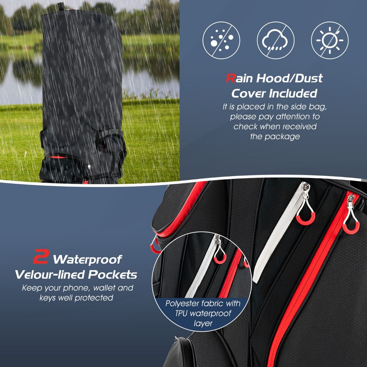 Coast Golftas met regenhoes - 14-vaks indeling - lichtgewicht - rood en zwart