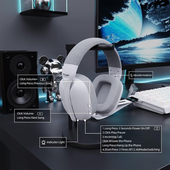 ATTACK SHARK L80Pro - 2.4GHz Draadloze Gaming Headset - Lichtgewicht - Bluetooth koptelefoon - Multiplatform - Geschikt voor PS4/PS5, Nintendo Switch - Wit