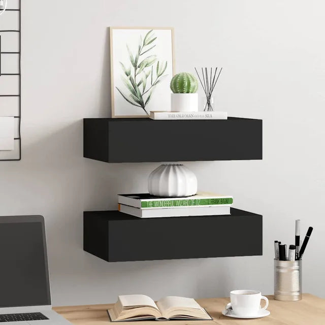 vidaXL Wandplanken met Lade Set van 2 - 40 x 23,5 x 10 cm - MDF en Metaal - Zwart