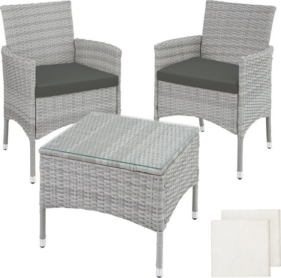 tectake® - wicker meubelen tuinset met verwisselbare hoezen, 2 stoelen en tafel met glazen blad, 2x outdoor loungestoelen met armleuningen en tuintafel, tuinmeubelset, balkonmeubilair - lichtgrijs - poly-rattan