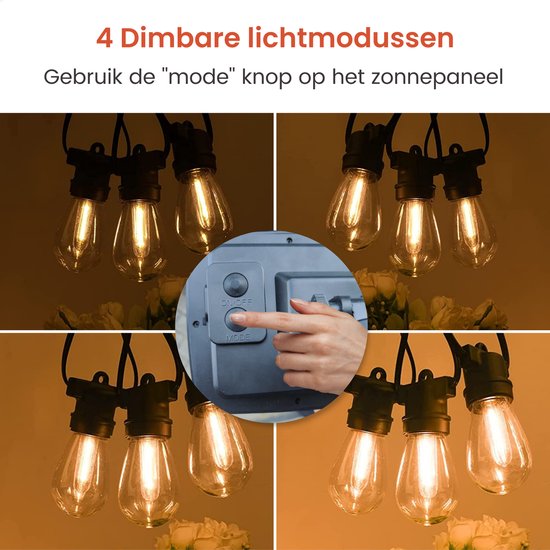 Partizzle 15m Waterdicht Lichtsnoer op Zonne Energie - Dimbaar - LED Solar Tuinverlichting - Camping Lampjes Slinger - Zonneenergie Lichtslinger voor Buiten - 2700K / Warm Wit