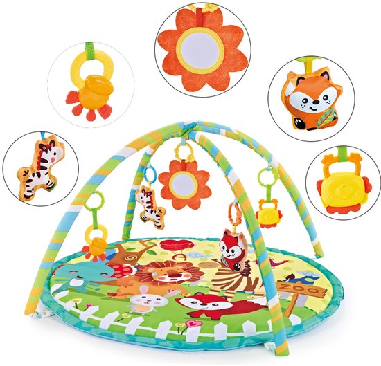 FUEGOBIRD - Baby Play Mat - Colorful Zoo - Deluxe Gym - Color Interaction and Grasping toys - Beautiful sound - Developmental play for babies from 2 months+ - Round