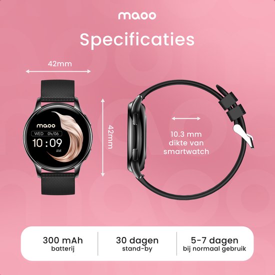 Maoo Ventura AMOLED Smartwatch Dames – RVS & 4x Siliconen Bandjes – Stappenteller, Hartslagmeter, Slaapmonitor, Multisport, Notificaties, Bellen, GPS, Android & iOS – Zwart