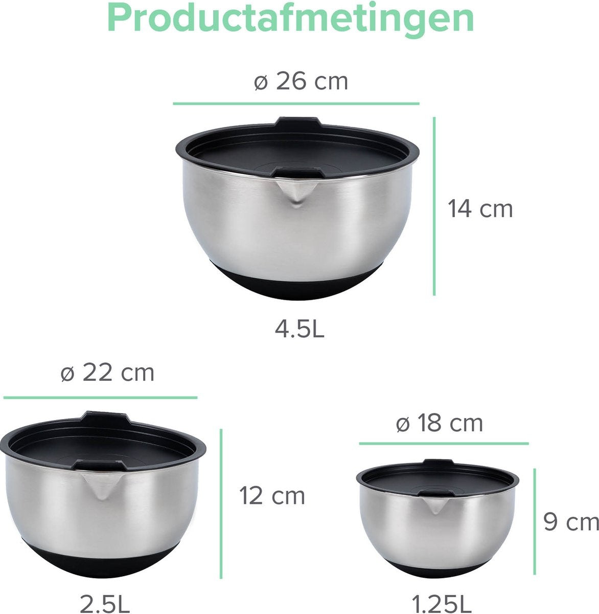 Coninx Mengkommen Set 3-Delig - Beslagkommen met Deksel - Antislip - Maataanduiding - Schenktuit - RVS