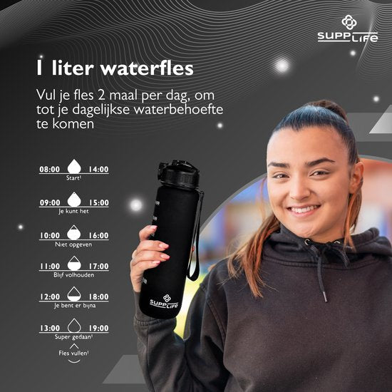 Supplife Motivatie Waterfles 1 Liter met Nederlandse Tekst - Drinkfles met Rietje - Waterfles met Tijdmarkeringen - Zwart